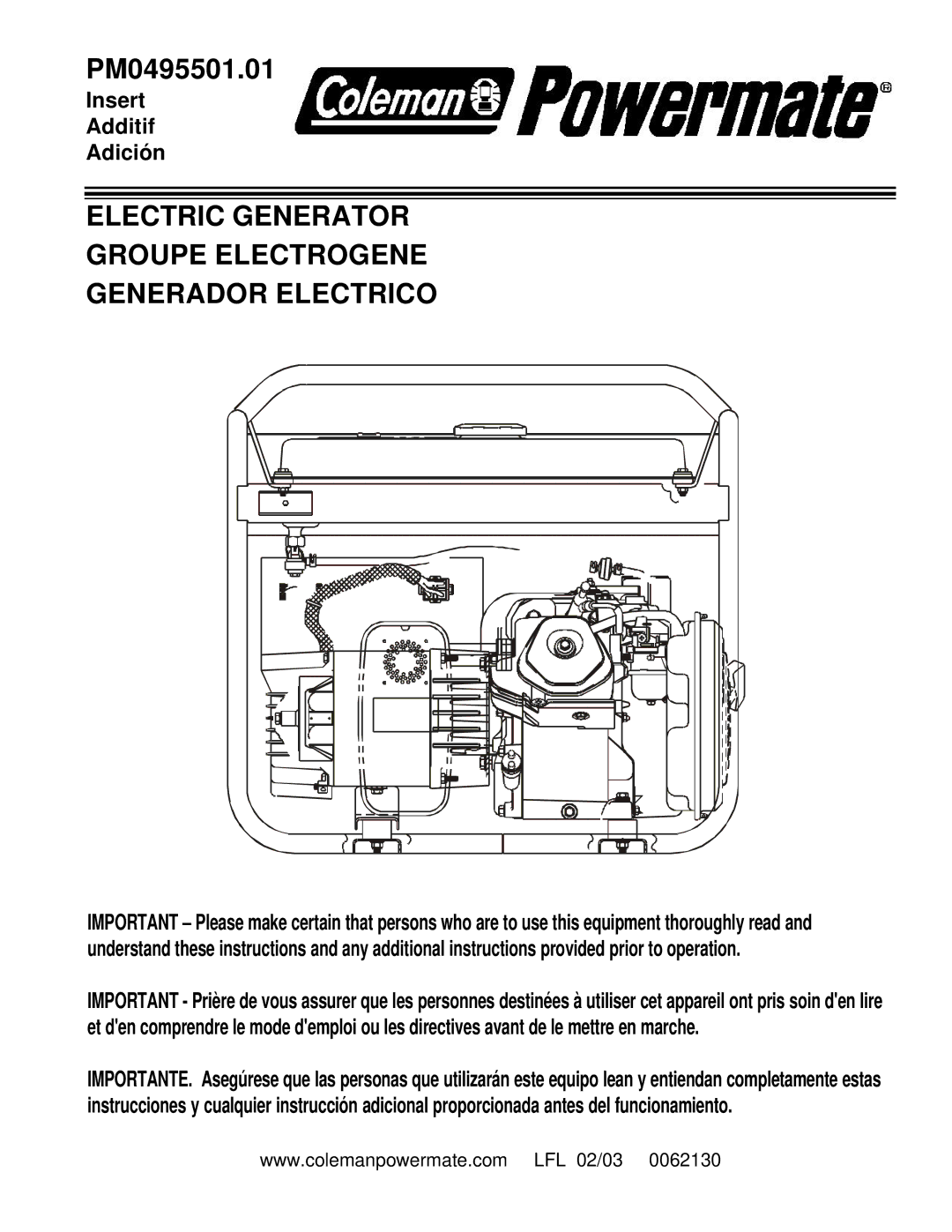 Powermate PM0495501.01 manual Electric Generator Groupe Electrogene Generador Electrico 