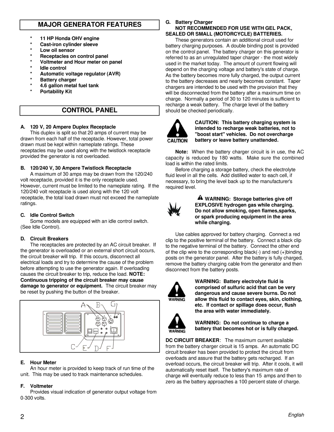 Powermate PM0495501.01 manual Major Generator Features, Control Panel 