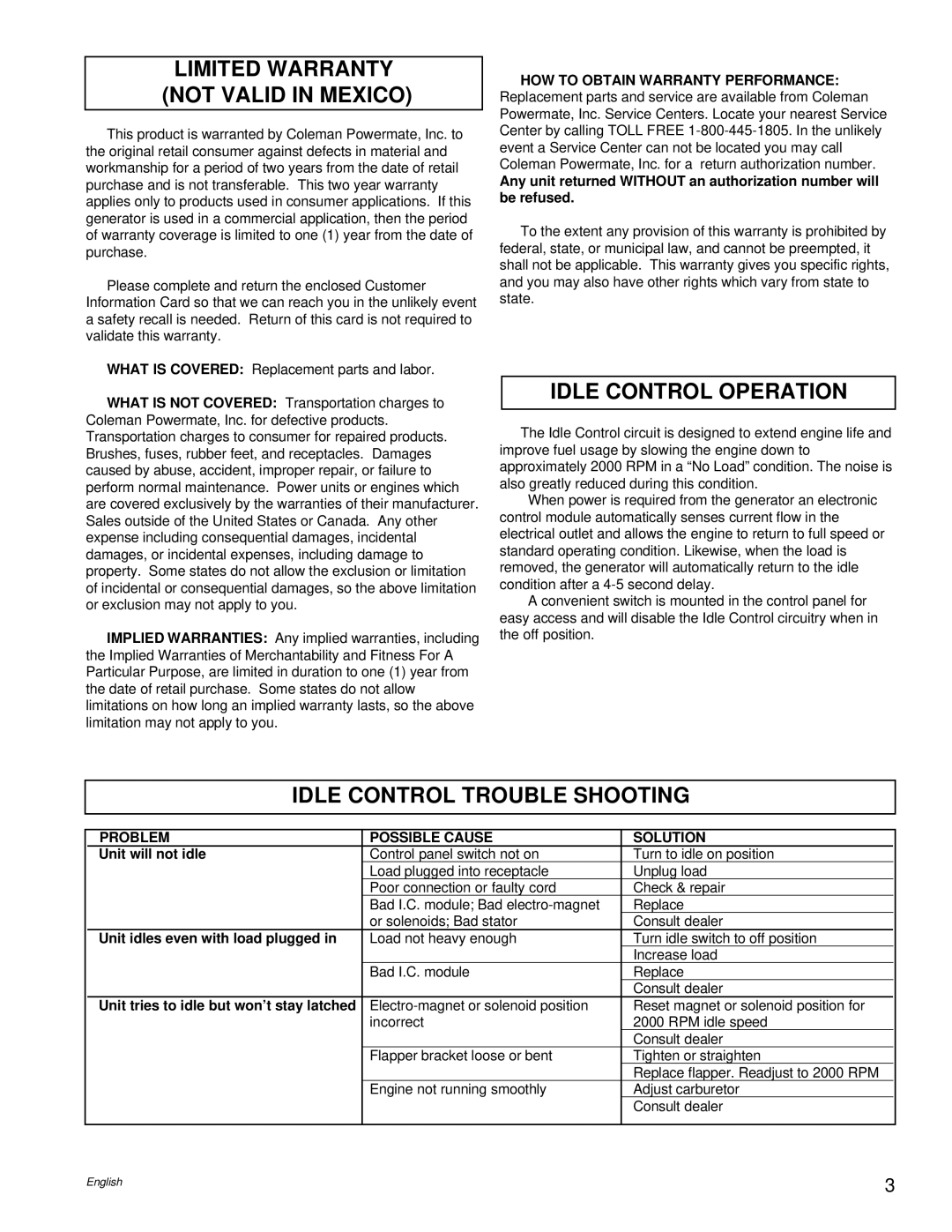 Powermate PM0495501.01 Idle Control Operation, Idle Control Trouble Shooting, HOW to Obtain Warranty Performance, Solution 