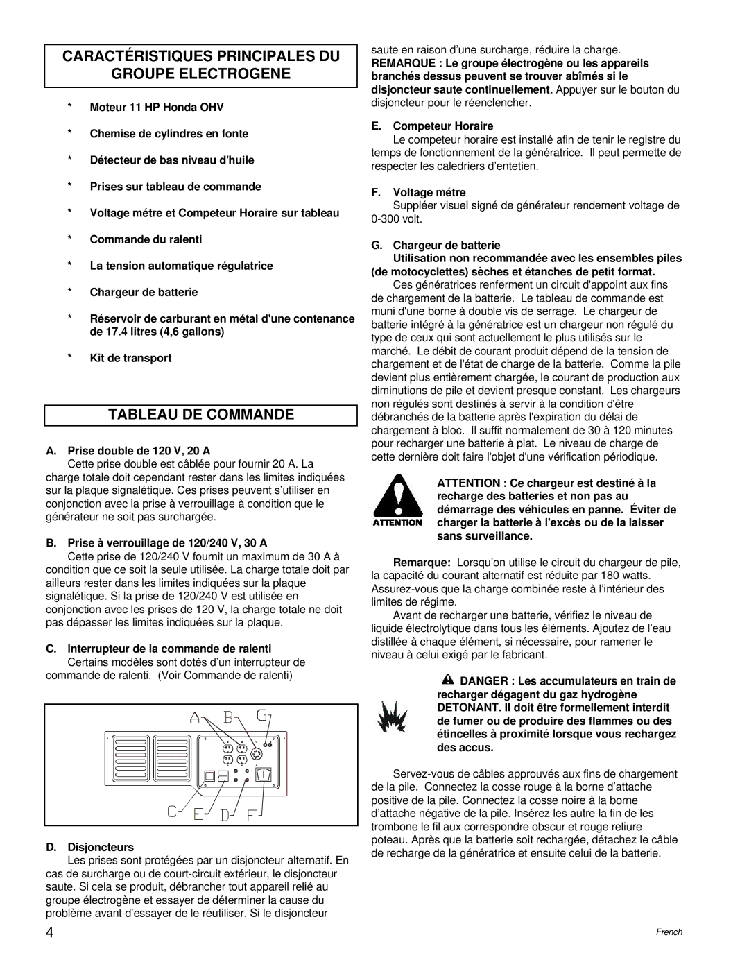 Powermate PM0495501.01 manual Caractéristiques Principales DU Groupe Electrogene, Tableau DE Commande 