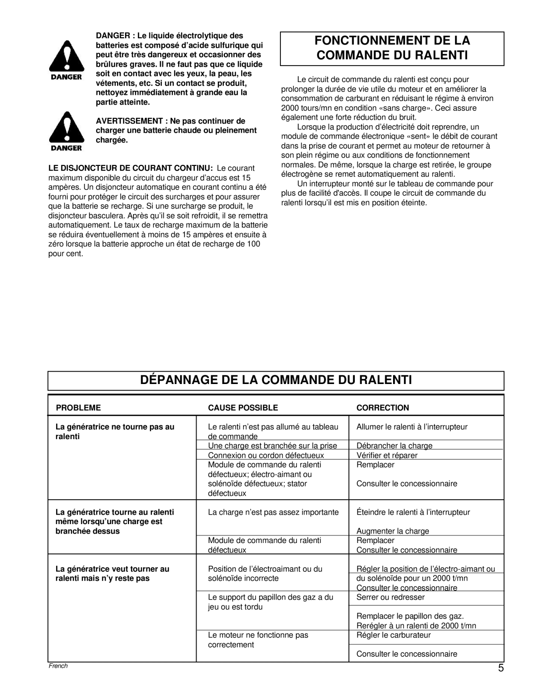 Powermate PM0495501.01 manual Fonctionnement DE LA Commande DU Ralenti, Dépannage DE LA Commande DU Ralenti 