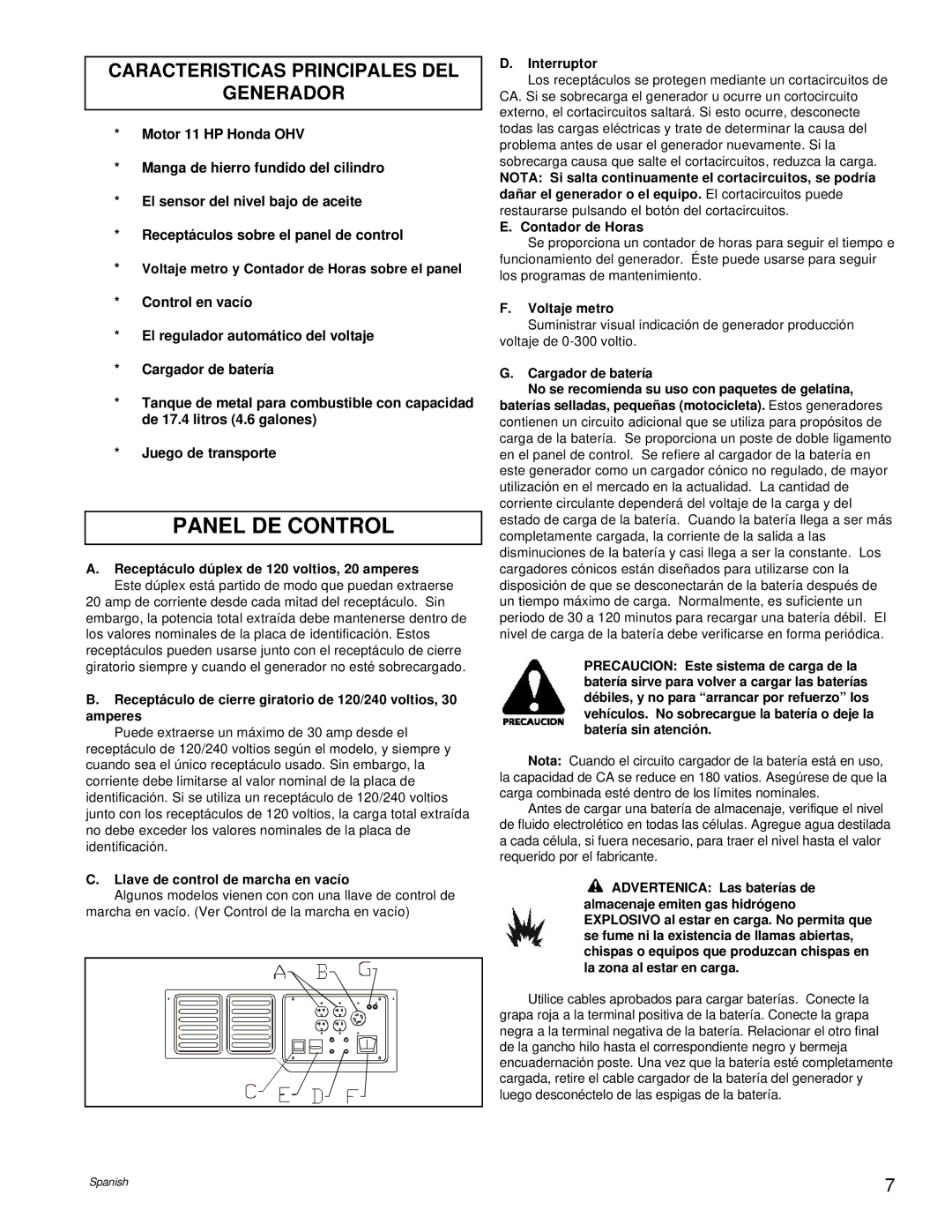 Powermate PM0495501.01 manual Panel DE Control, Caracteristicas Principales DEL Generador 