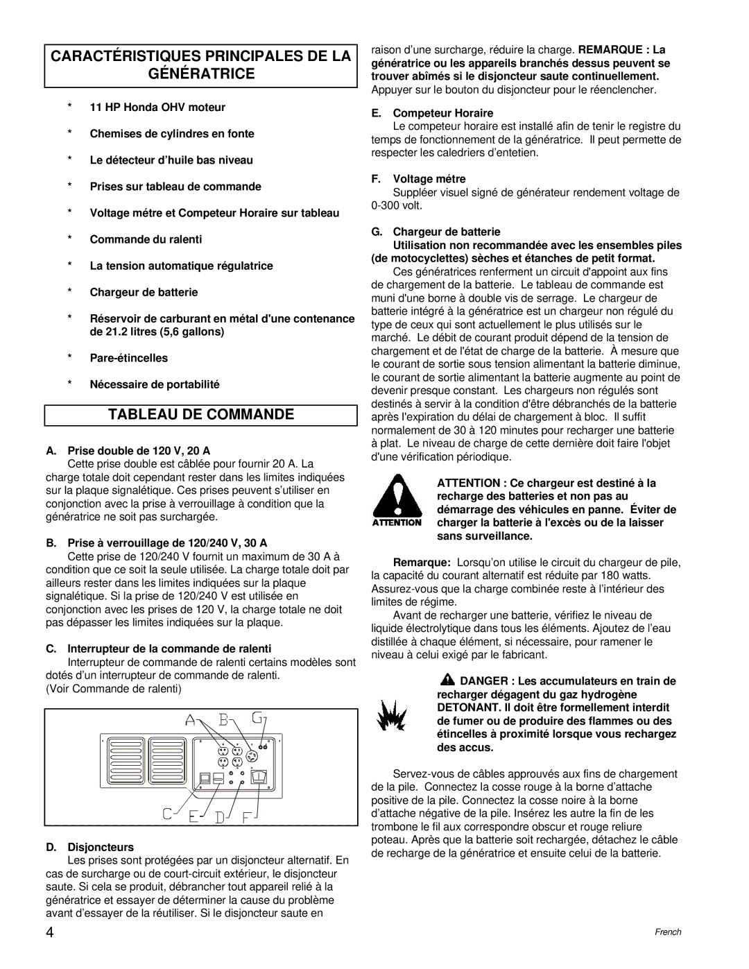 Powermate PM0495501.17 manual Caractéristiques Principales DE LA Génératrice, Tableau DE Commande 