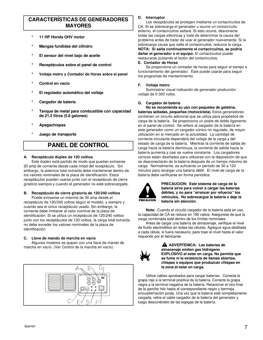 Powermate PM0495501.17 manual Panel DE Control, Características DE Generadores Mayores 