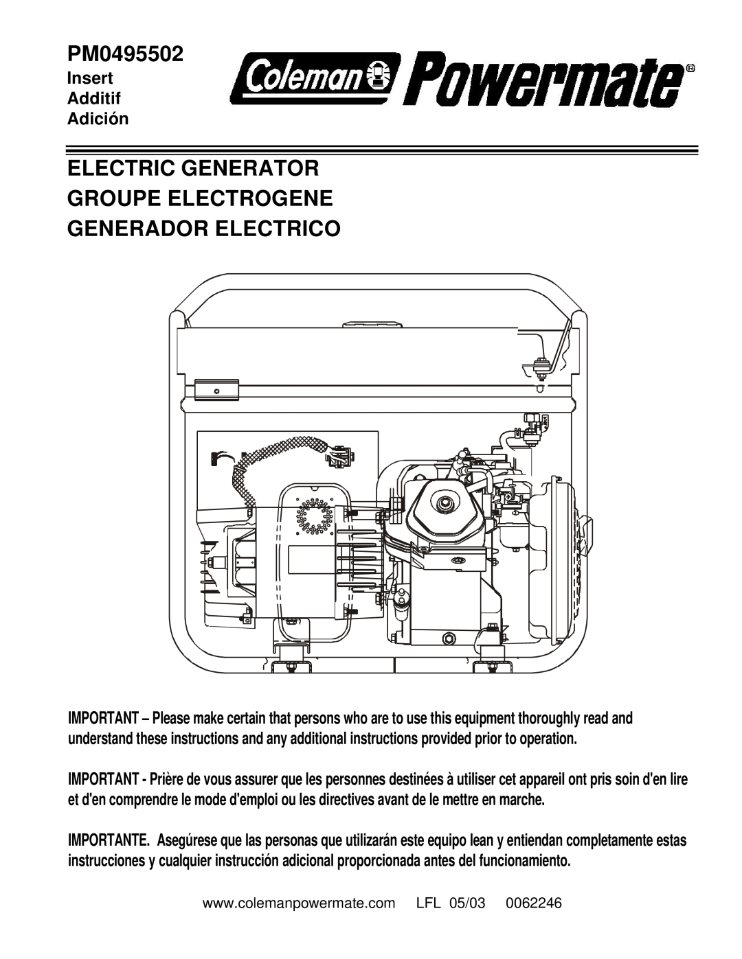 Powermate PM0495502 manual Electric Generator Groupe Electrogene Generador Electrico, Insert Additif Adición 