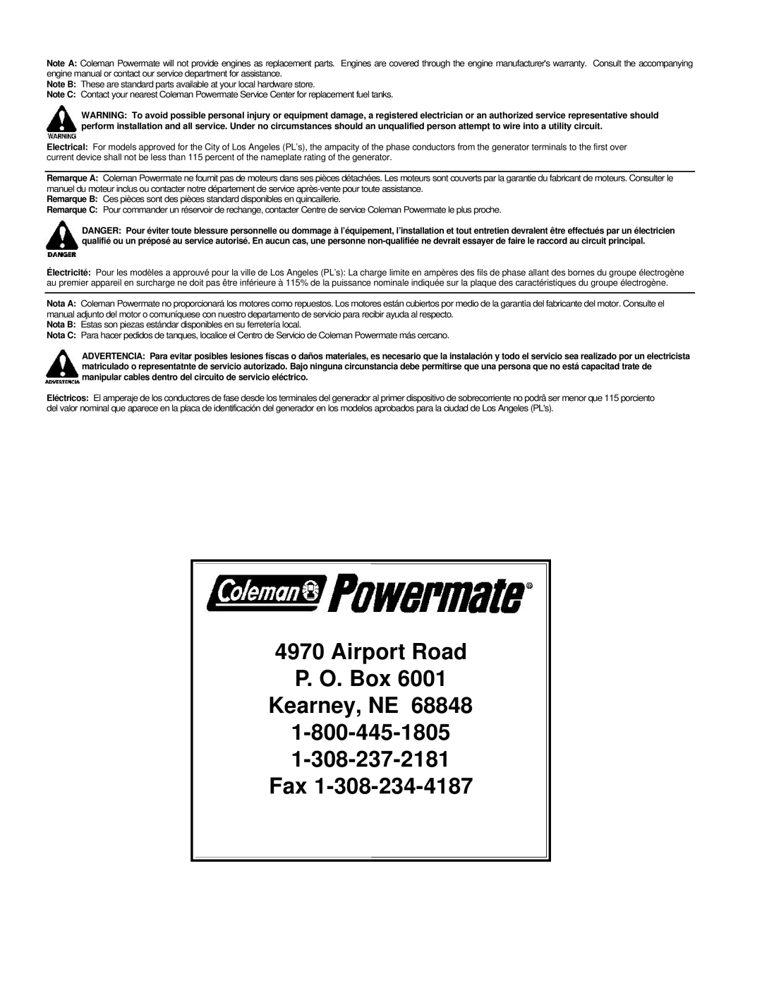 Powermate PM0495502 manual Airport Road P. O. Box Kearney, NE 