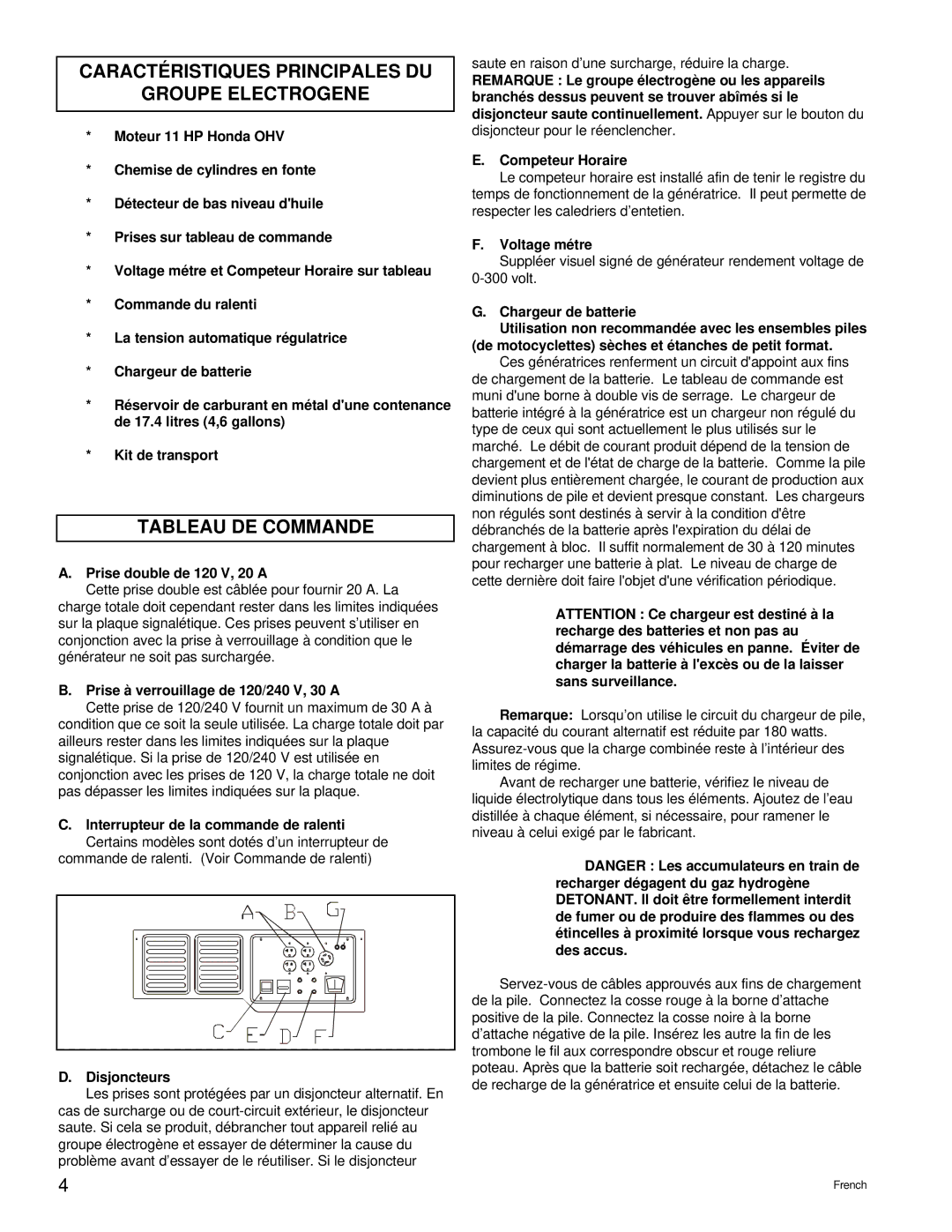 Powermate PM0495502 manual Caractéristiques Principales DU Groupe Electrogene, Tableau DE Commande 