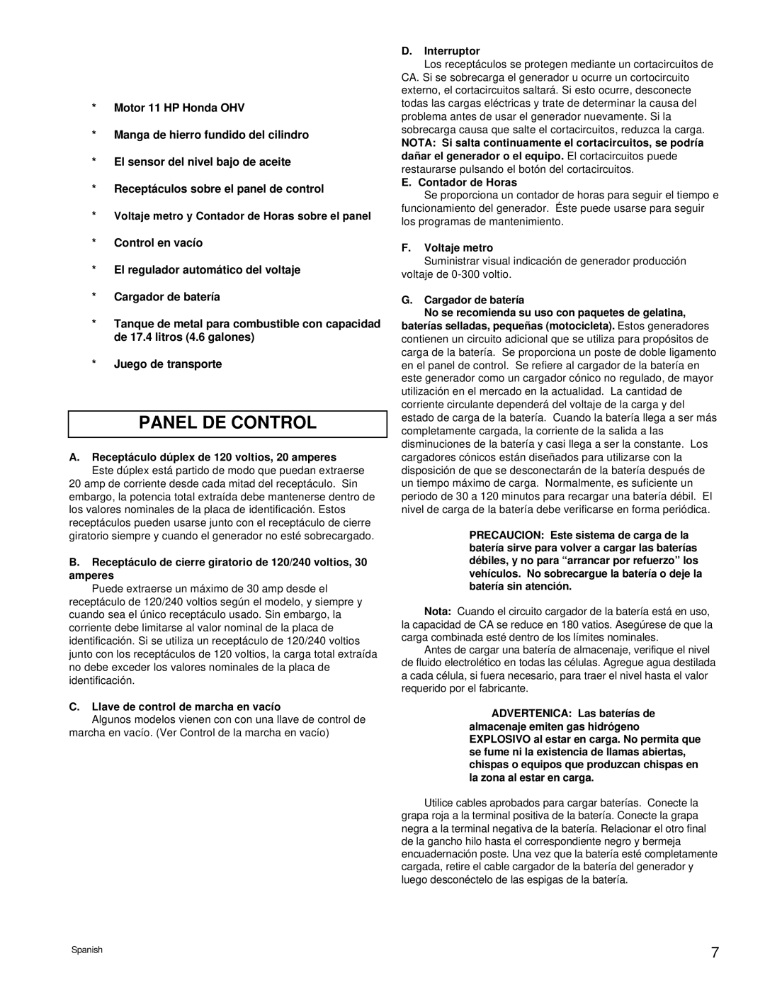 Powermate PM0495502 manual Panel DE Control, Caracteristicas Principales DEL Generador 