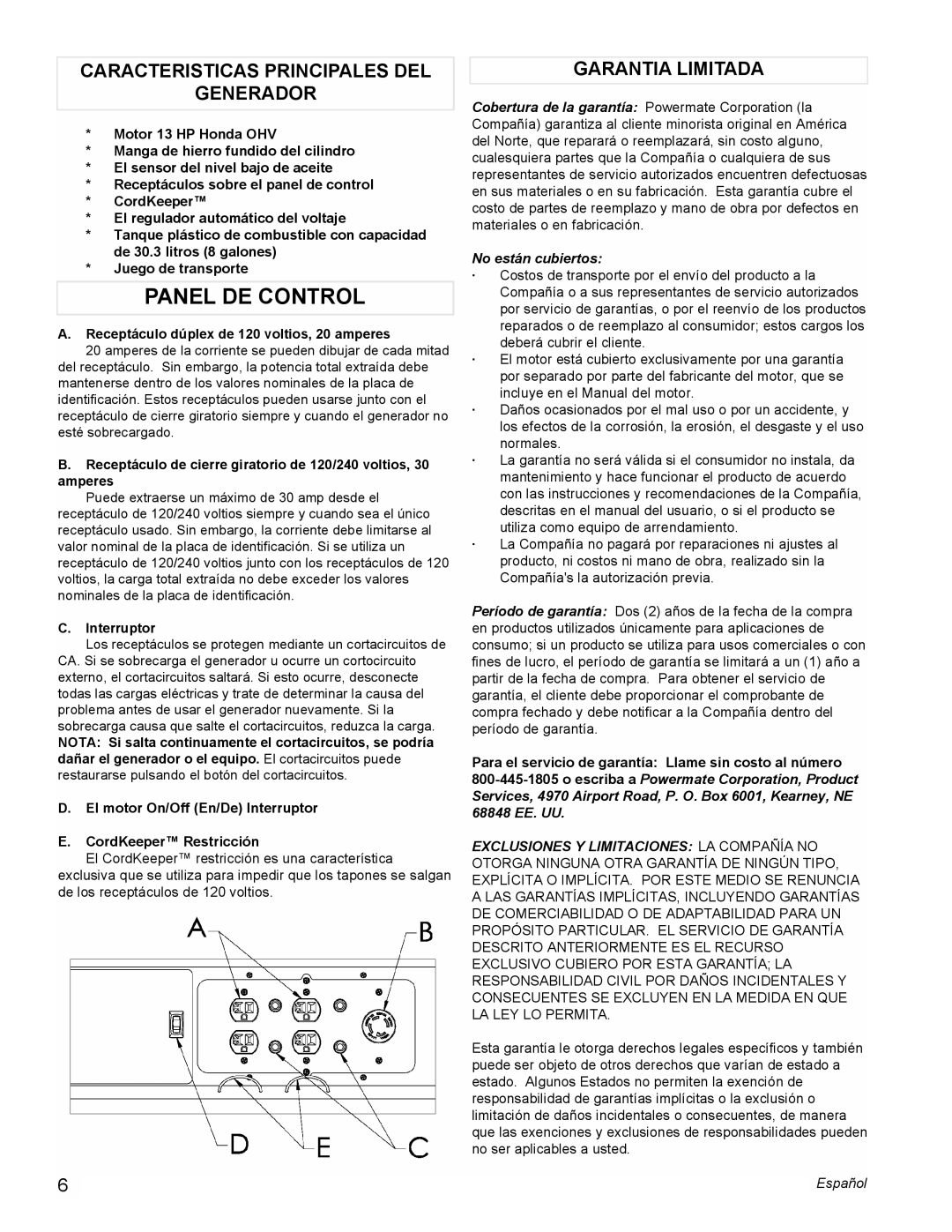 Powermate PM0496500.01 manual Panel De Control, Caracteristicas Principales Del Generador, Garantia Limitada 
