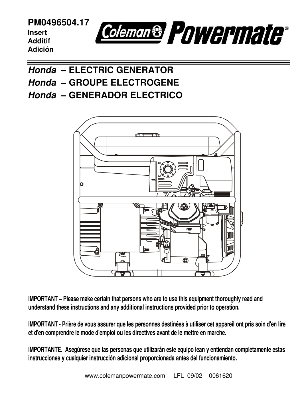 Powermate PM0496504.17 manual Honda – ELECTRIC GENERATOR, Honda – GROUPE ELECTROGENE, Honda – GENERADOR ELECTRICO 