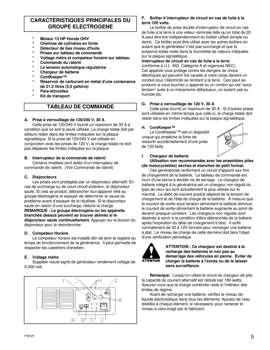 Powermate PM0496504.17 manual Caractéristiques Principales Du, Groupe Electrogene, Tableau De Commande 
