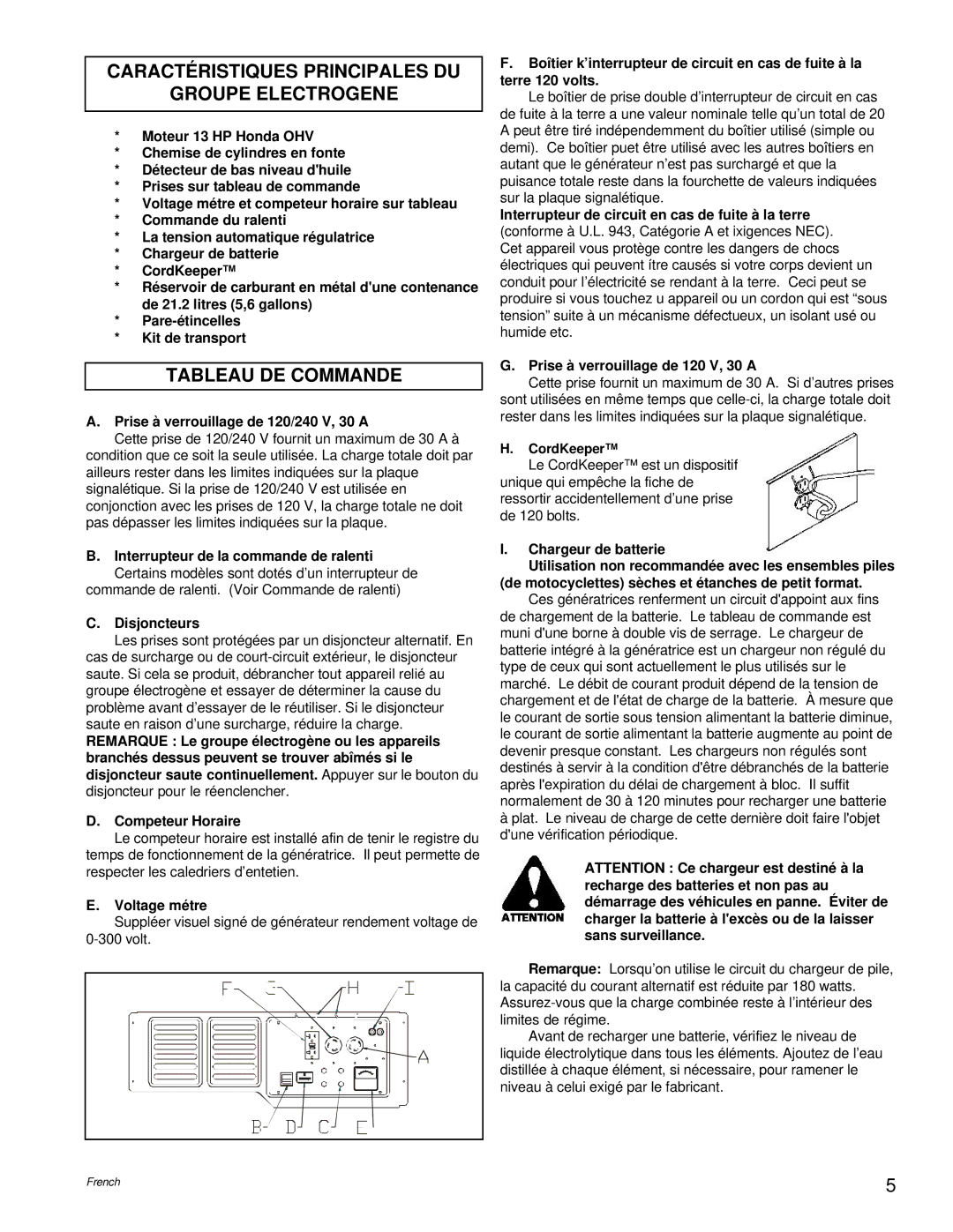 Powermate PM0496504.17 manual Caractéristiques Principales DU Groupe Electrogene, Tableau DE Commande, Disjoncteurs 