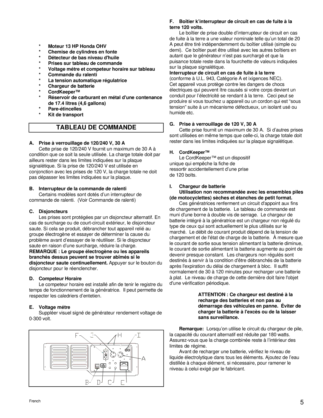 Powermate PM0496504.18 manual Caractéristiques Principales DU Groupe Electrogene, Tableau DE Commande, Disjoncteurs 