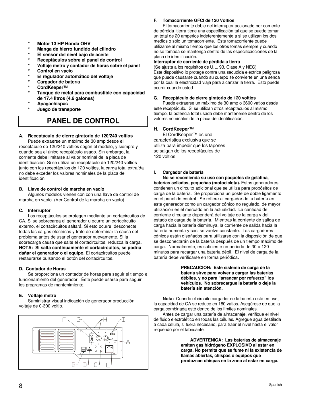 Powermate PM0496504.18 manual Panel DE Control, Caracteristicas Principales DEL Generador 