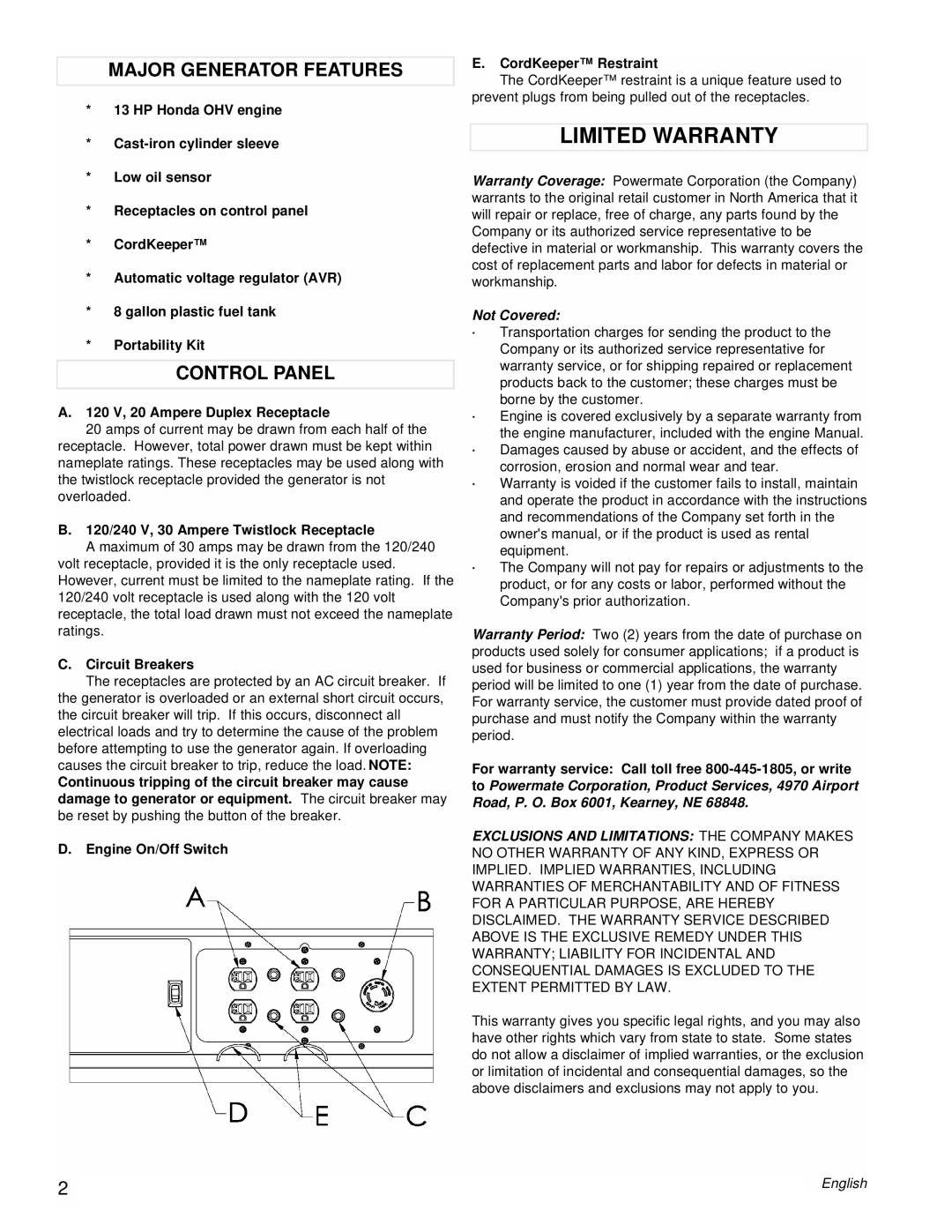 Powermate PM0496750 manual Limited Warranty, Major Generator Features, Control Panel 