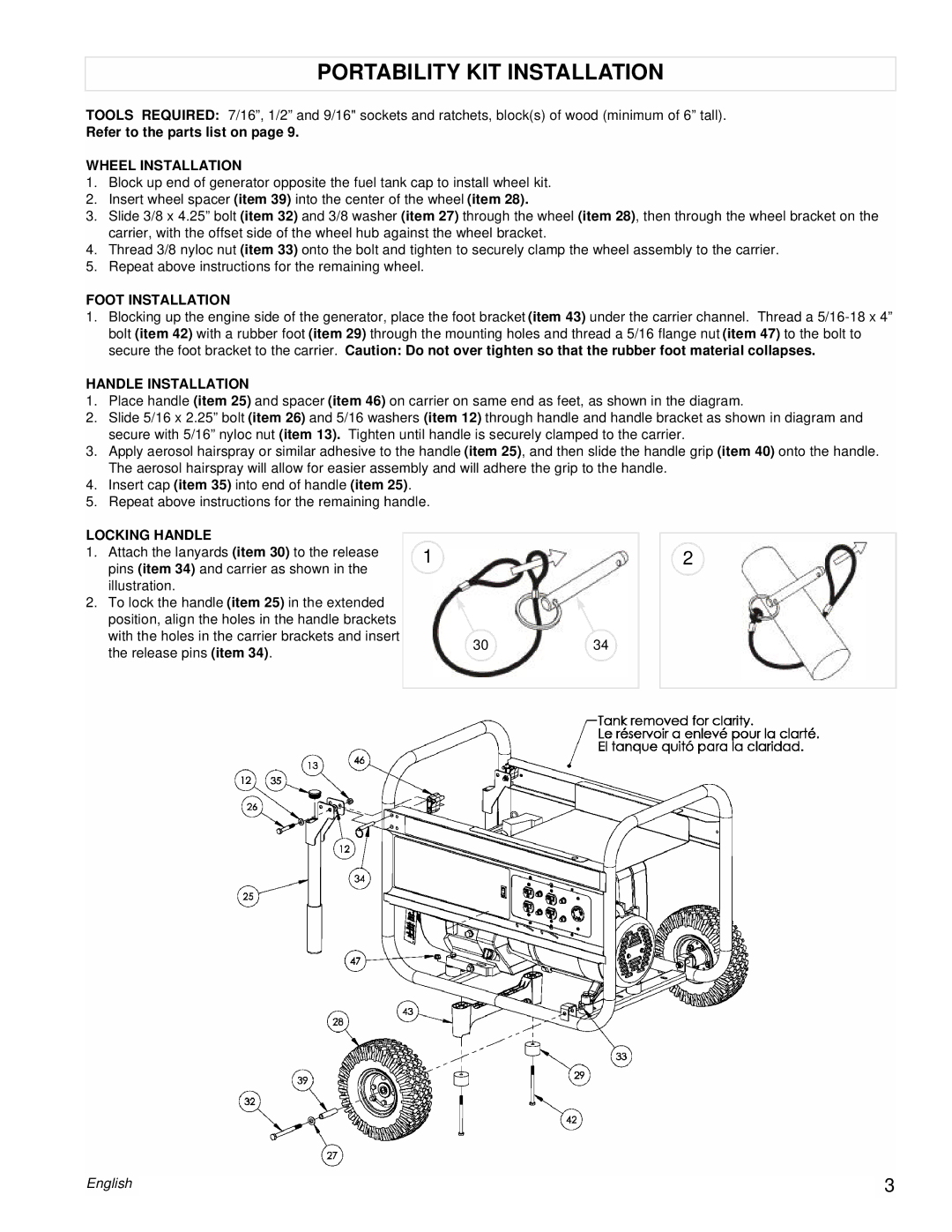 Powermate PM0496750 manual Portability KIT Installation, Wheel Installation, Foot Installation, Handle Installation 