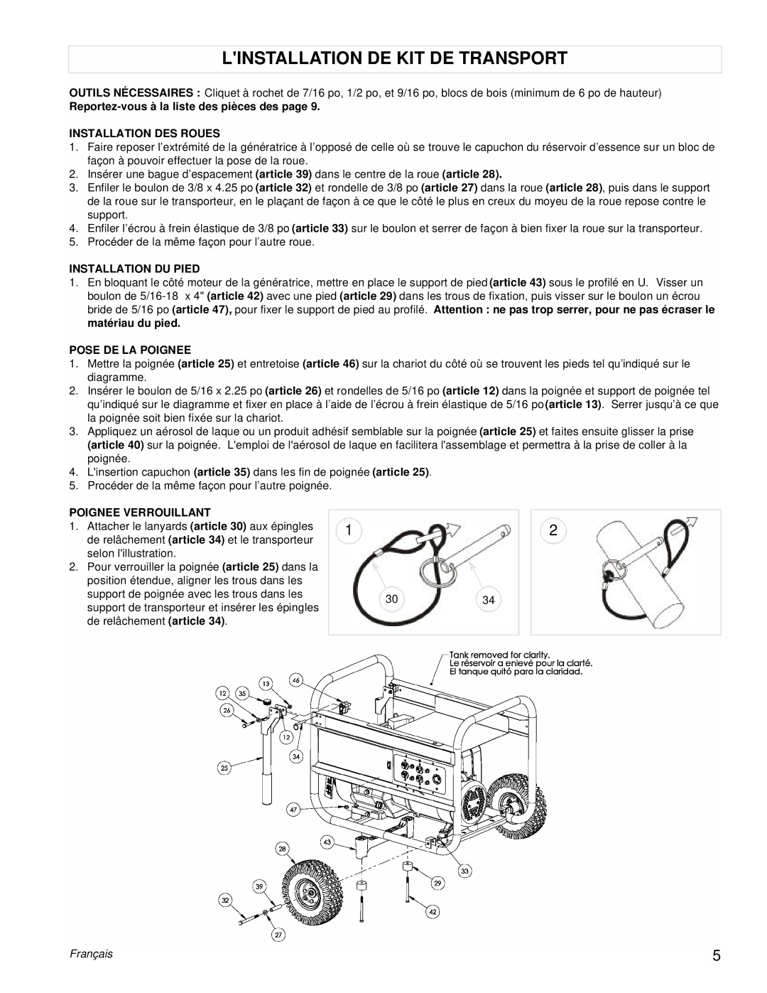 Powermate PM0496750 Linstallation DE KIT DE Transport, Installation DES Roues, Installation DU Pied, Pose DE LA Poignee 