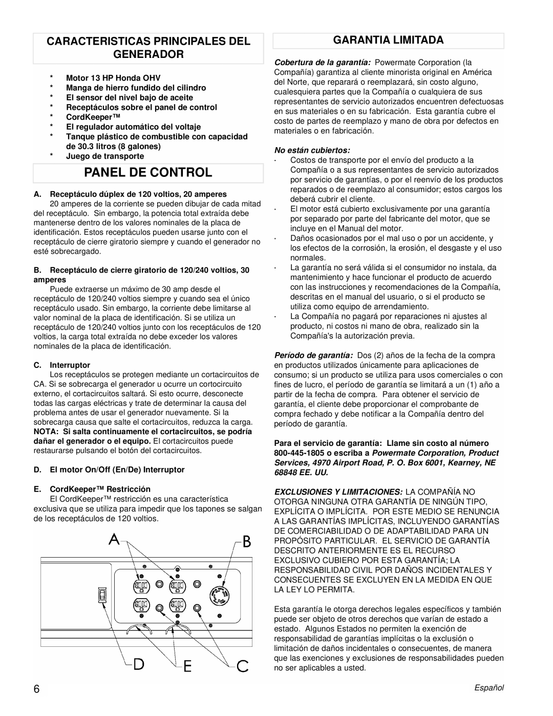 Powermate PM0496750 manual Panel DE Control, Caracteristicas Principales DEL Generador, Garantia Limitada, Interruptor 