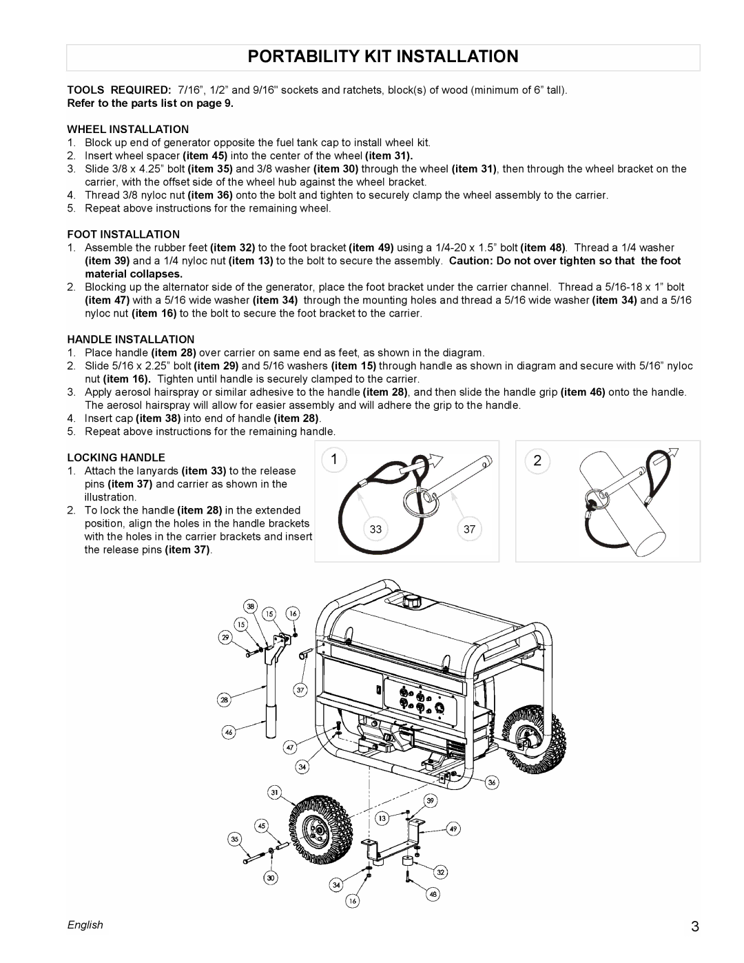 Powermate PM0497000 manual Portability KIT Installation, Wheel Installation, Foot Installation, Handle Installation 