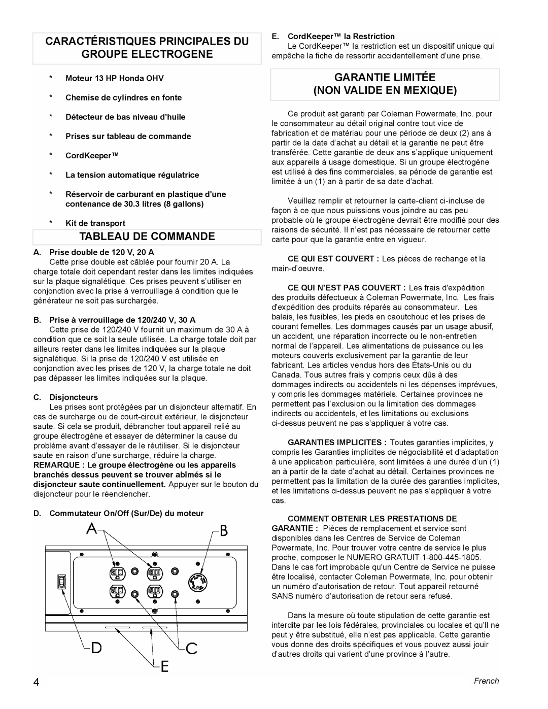 Powermate PM0497000 manual Caractéristiques Principales DU Groupe Electrogene, Tableau DE Commande 