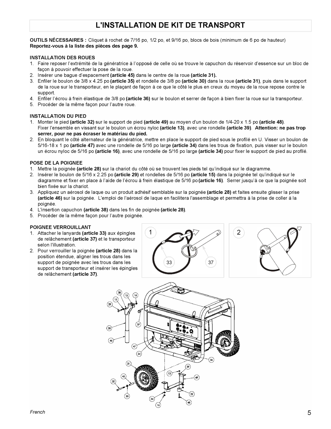 Powermate PM0497000 Linstallation DE KIT DE Transport, Installation DES Roues, Installation DU Pied, Pose DE LA Poignee 