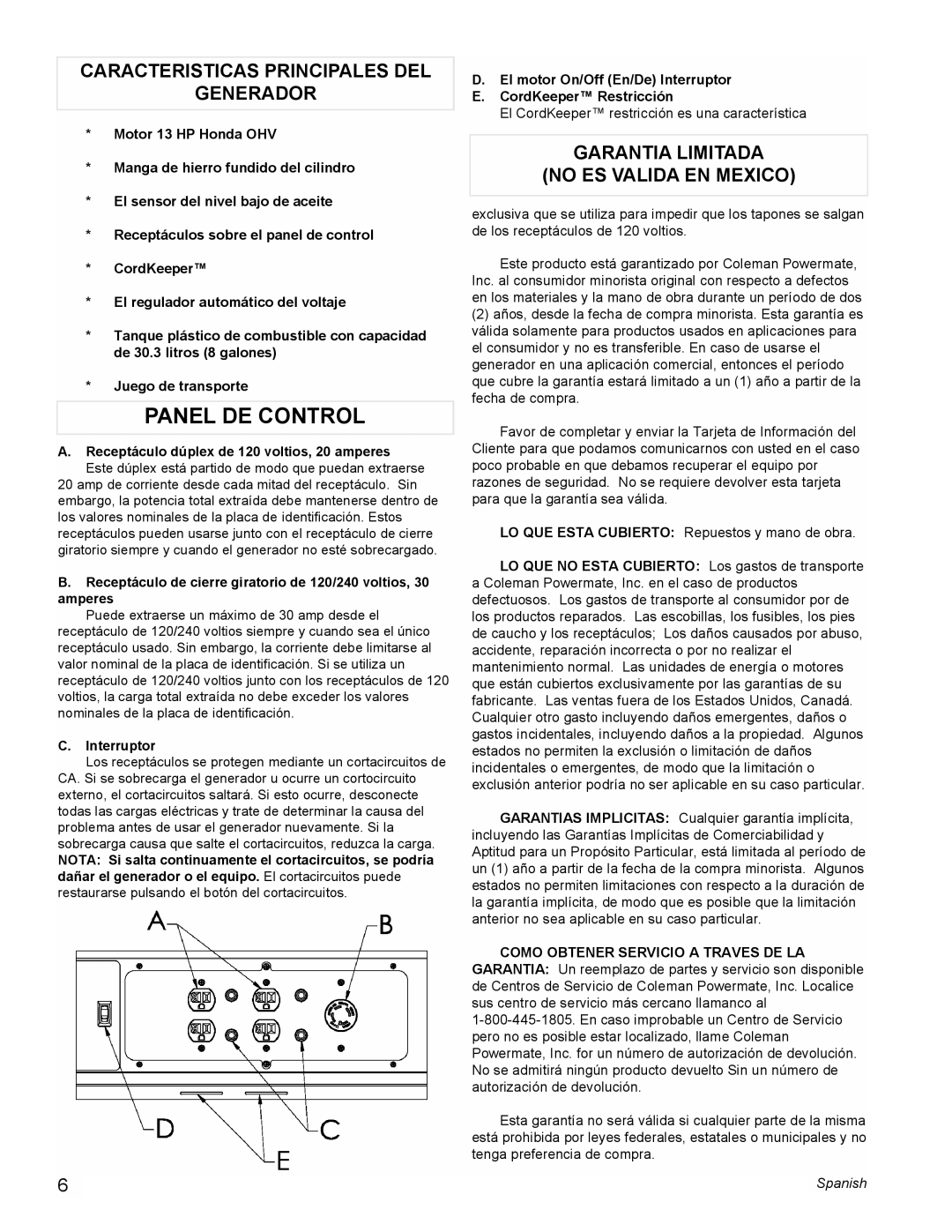 Powermate PM0497000 Panel DE Control, Caracteristicas Principales DEL Generador, Garantia Limitada No ES Valida EN Mexico 