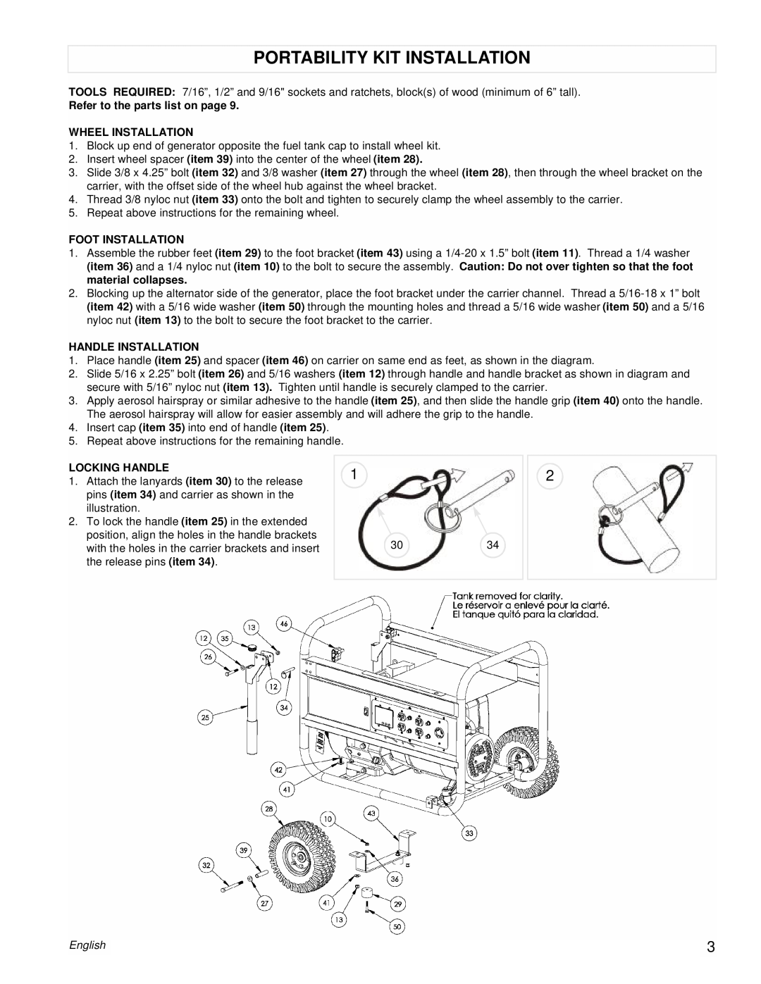 Powermate PM0497002 Portability Kit Installation, Refer to the parts list on page, Wheel Installation, Foot Installation 