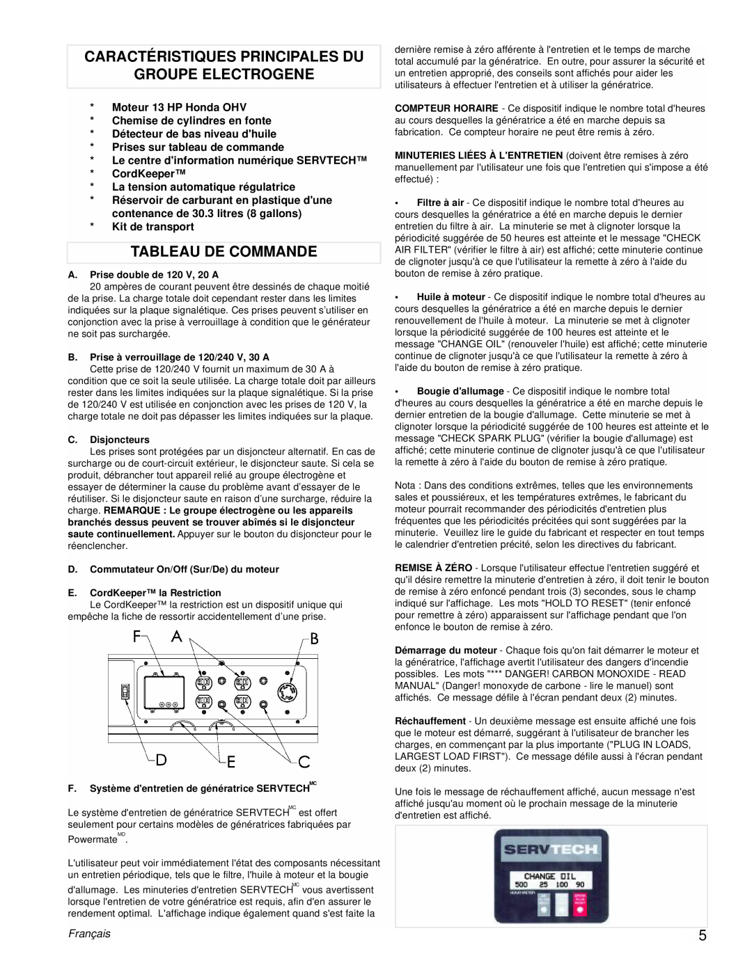 Powermate PM0497002 manual Caractéristiques Principales Du, Groupe Electrogene, Tableau De Commande, Moteur 13 HP Honda OHV 