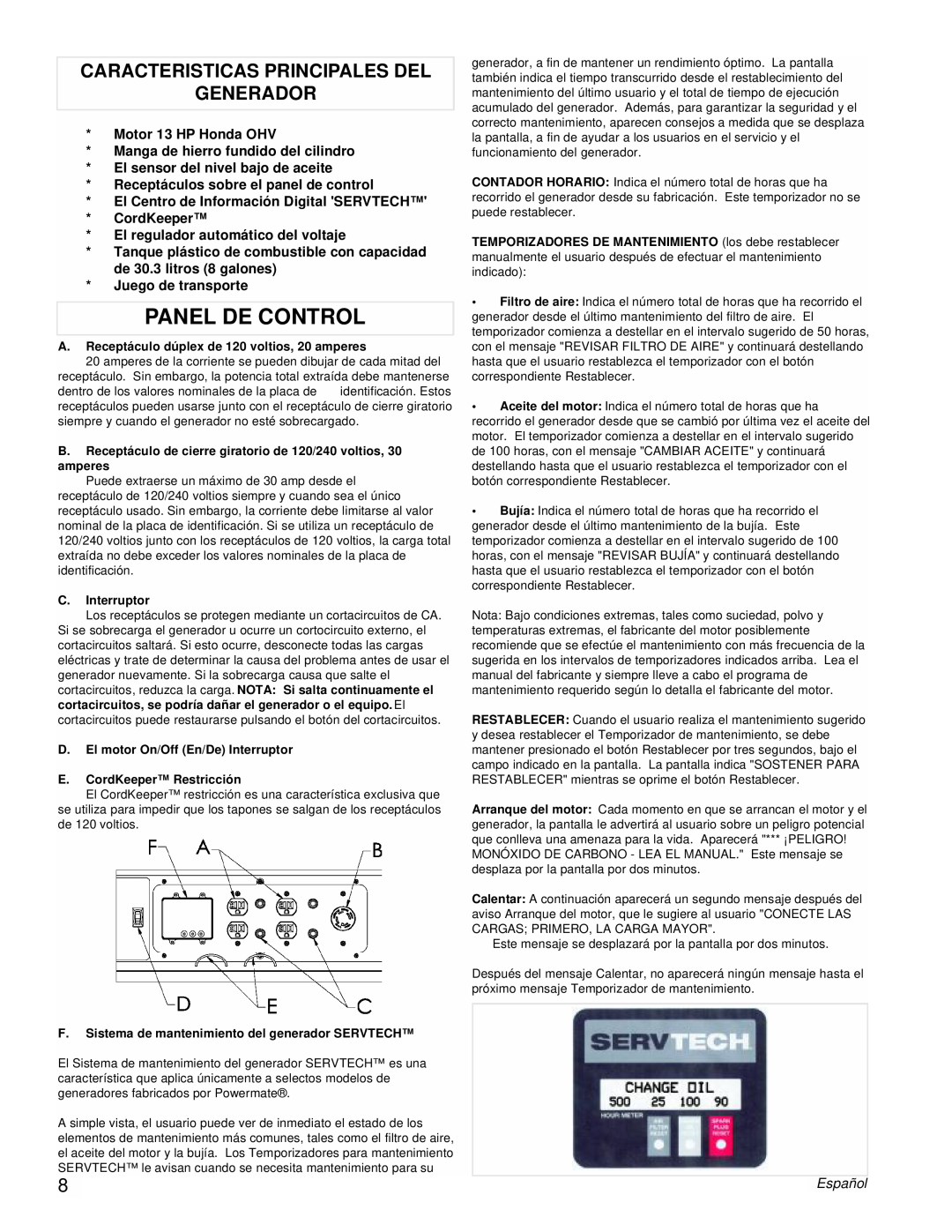 Powermate PM0497002 Panel De Control, Caracteristicas Principales Del Generador, Motor 13 HP Honda OHV, C.Interruptor 
