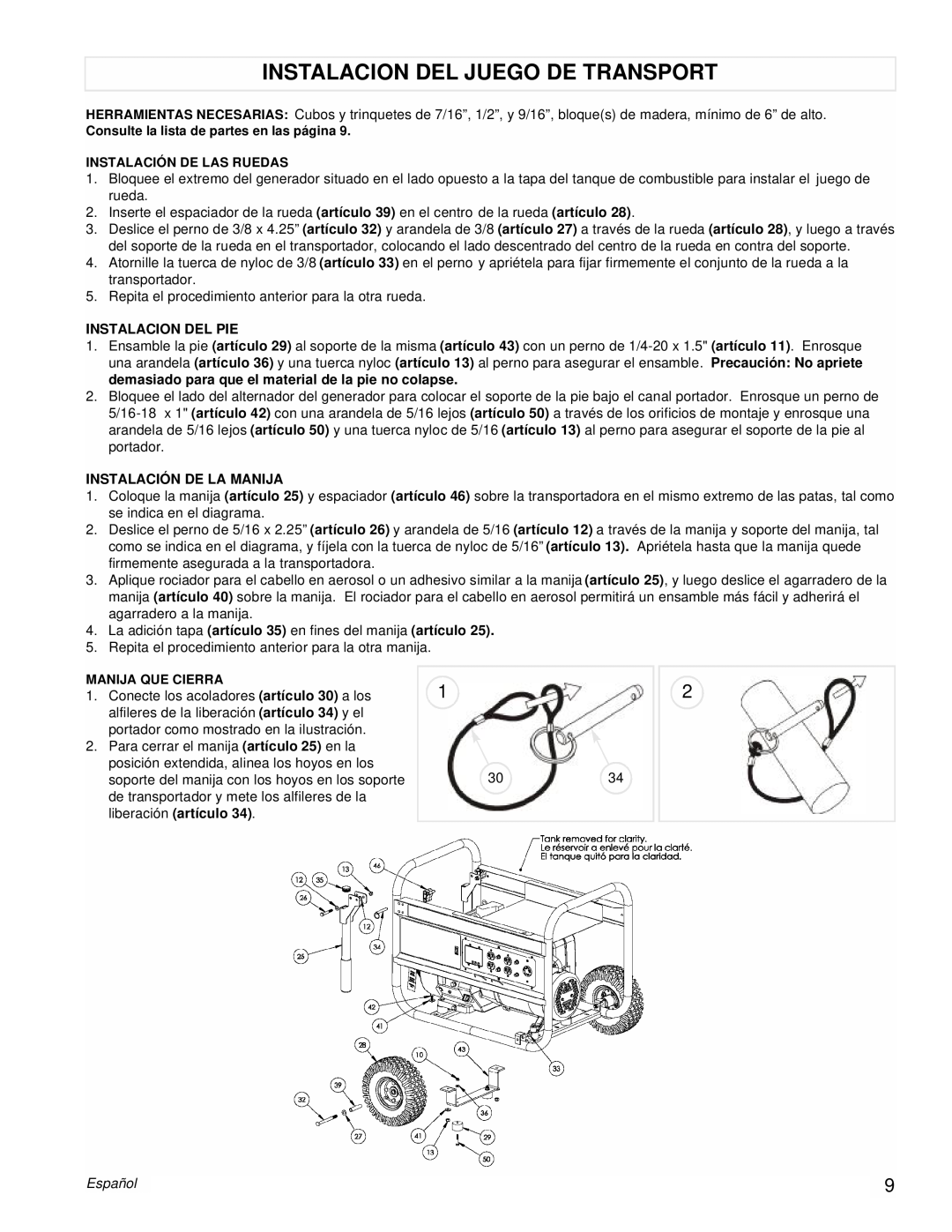Powermate PM0497002 manual Instalacion Del Juego De Transport, Instalacion Del Pie, Instalación De La Manija, Español 