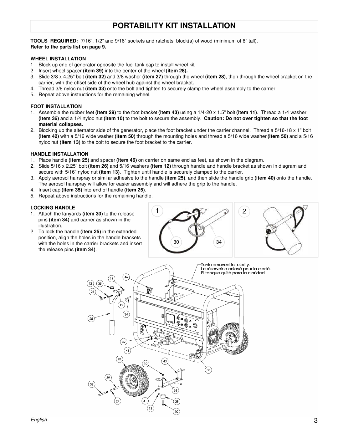 Powermate PM0497002 manual Portability KIT Installation, Wheel Installation, Foot Installation, Handle Installation 