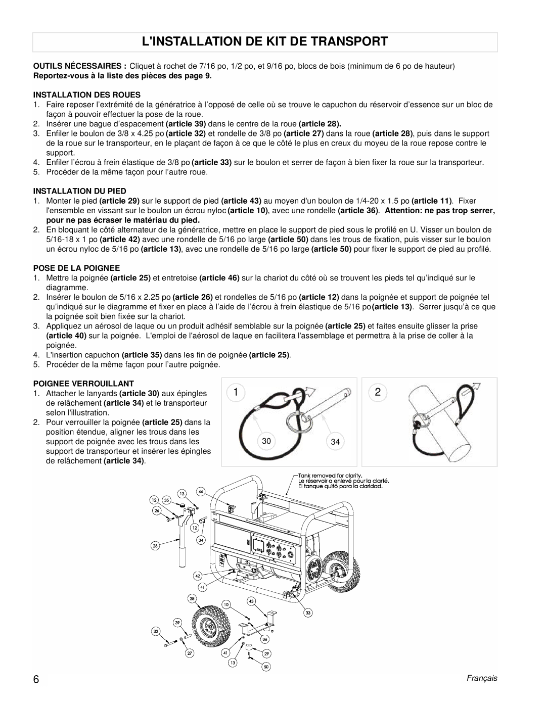 Powermate PM0497002 Linstallation DE KIT DE Transport, Installation DES Roues, Installation DU Pied, Pose DE LA Poignee 