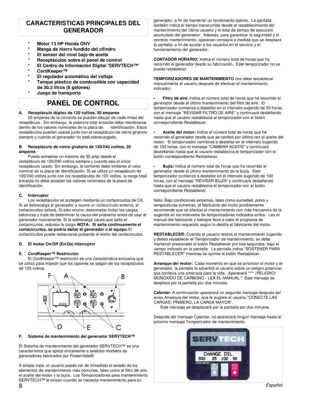 Powermate PM0497002 manual Panel DE Control, Caracteristicas Principales DEL Generador 