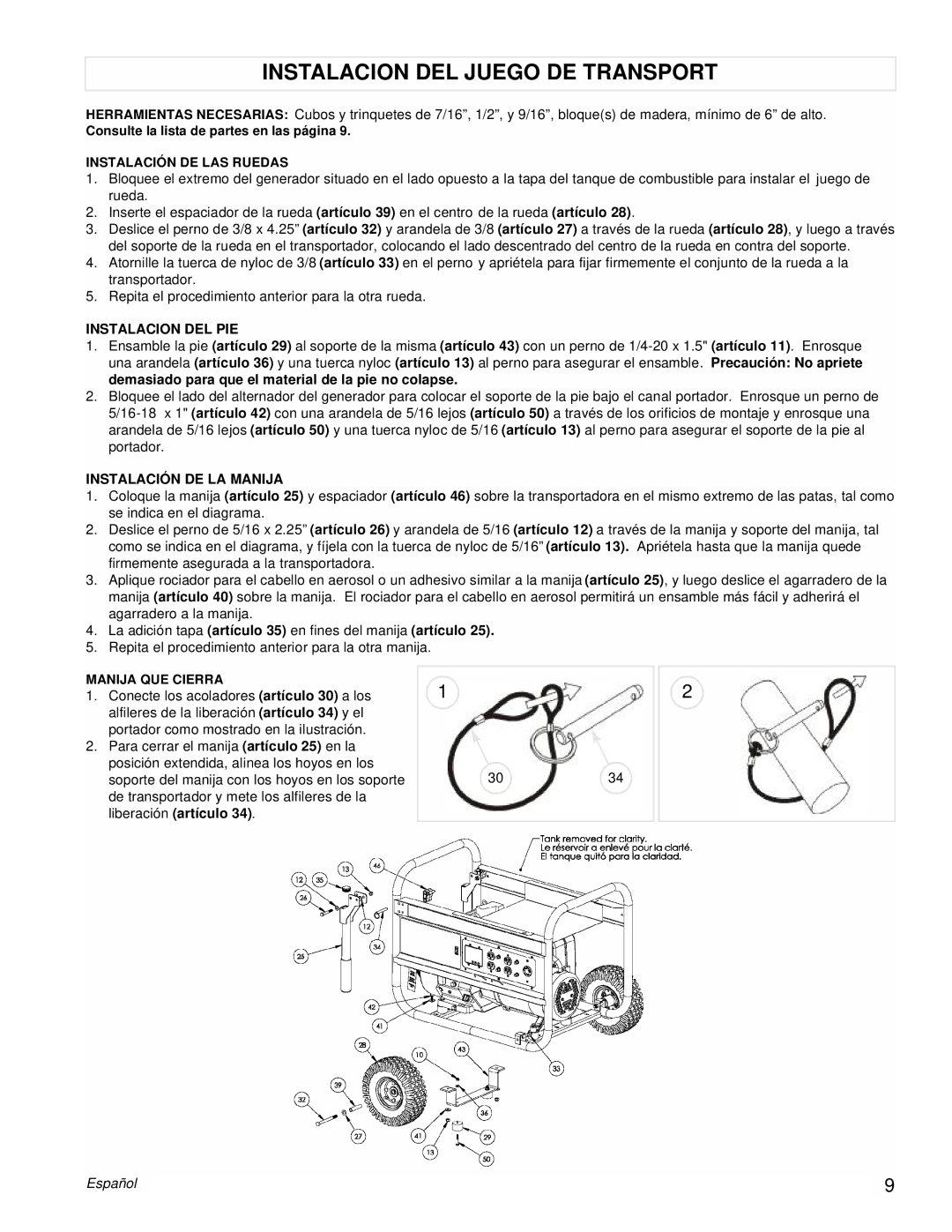 Powermate PM0497002 manual Instalacion DEL Juego DE Transport, Instalacion DEL PIE, Instalación DE LA Manija 