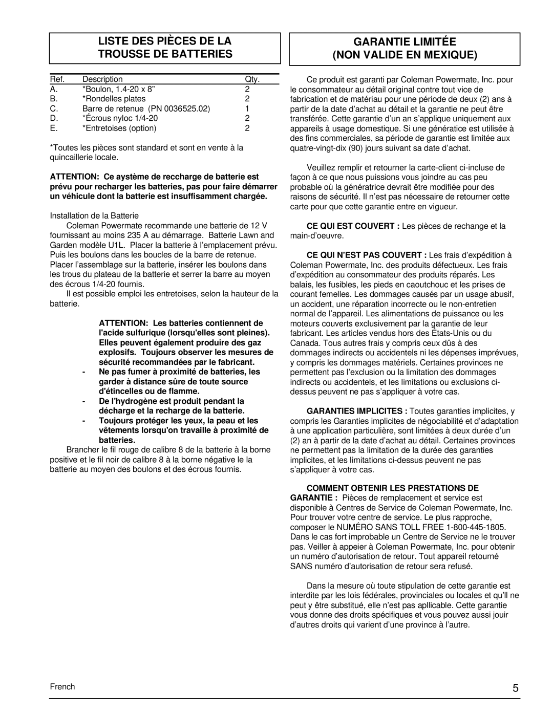 Powermate PM0505622.17 manual Installation DE LA Batterie, Liste DES Pièces DE LA Trousse DE Batteries 