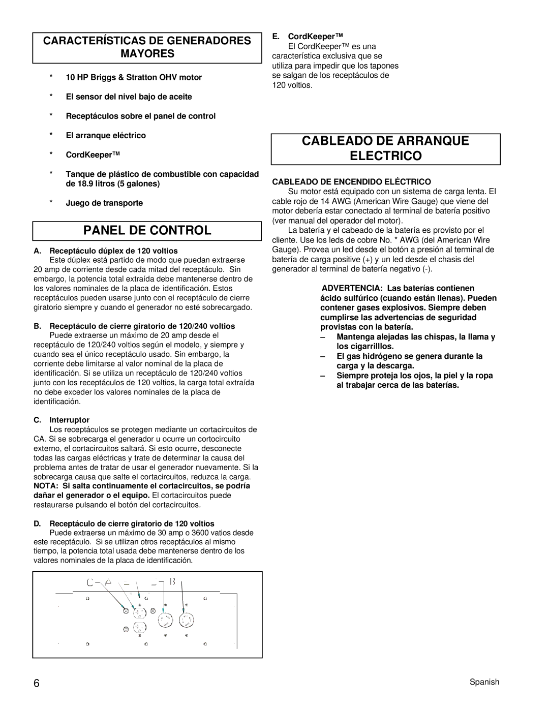 Powermate PM0505622.17 manual Panel DE Control, Cableado DE Arranque Electrico, Diagrama DE Cableado Basico 