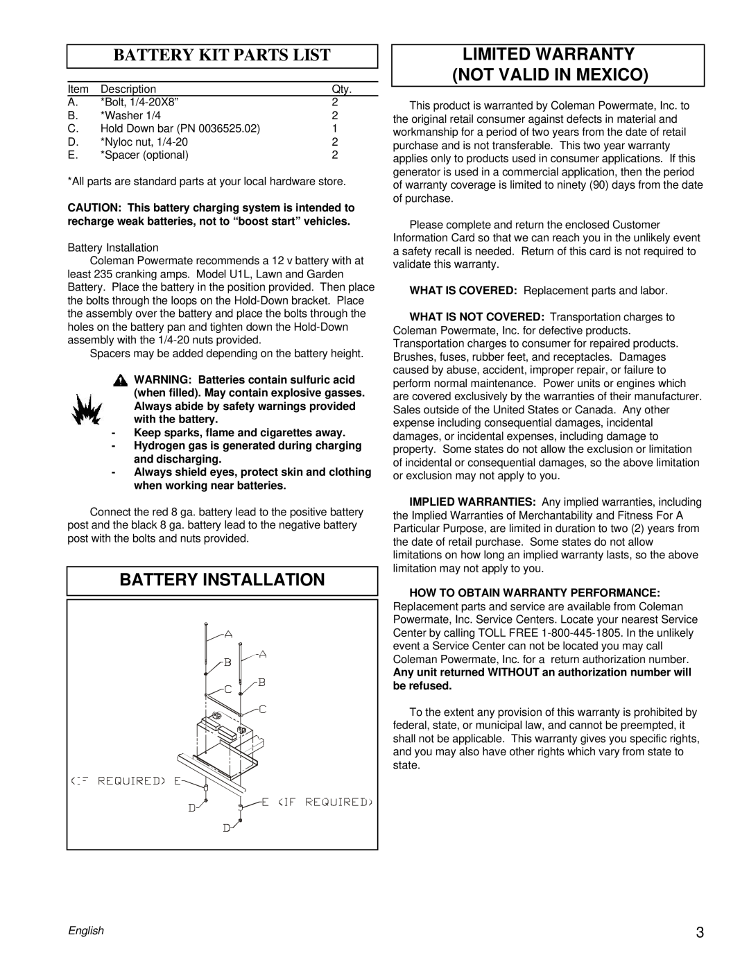 Powermate PM0505622.18 manual Battery Installation, Battery Kit Parts List, Limited Warranty Not Valid In Mexico, English 