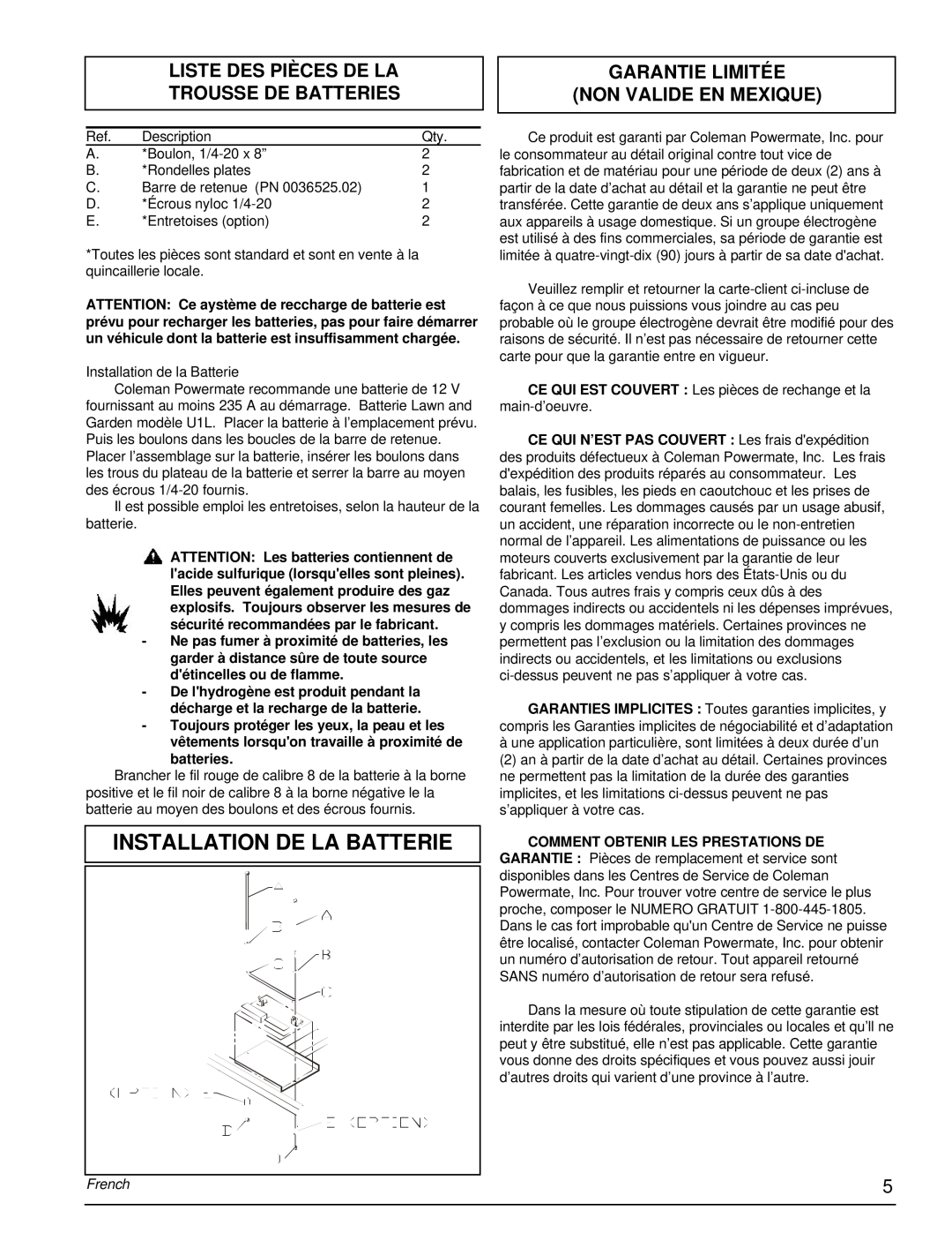 Powermate PM0505622.18 manual Installation De La Batterie, Liste Des Pièces De La Trousse De Batteries, French 