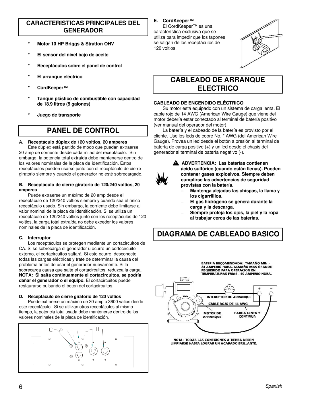 Powermate PM0505622.18 manual Panel De Control, Cableado De Arranque Electrico, Diagrama De Cableado Basico 