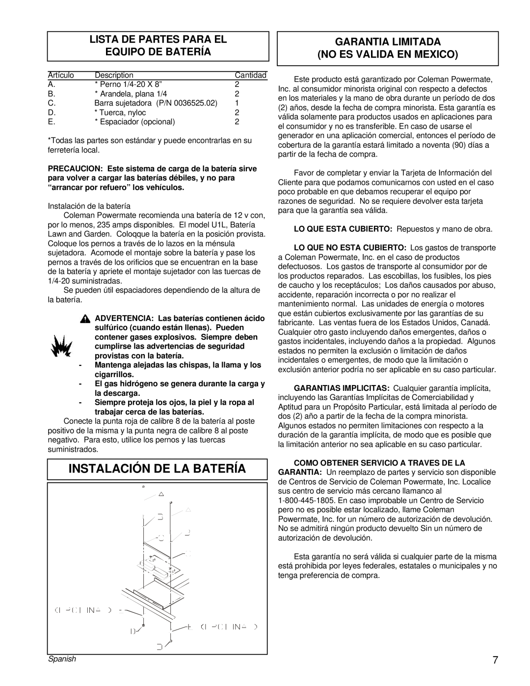 Powermate PM0505622.18 manual Instalación De La Batería, Lista De Partes Para El Equipo De Batería, Spanish 