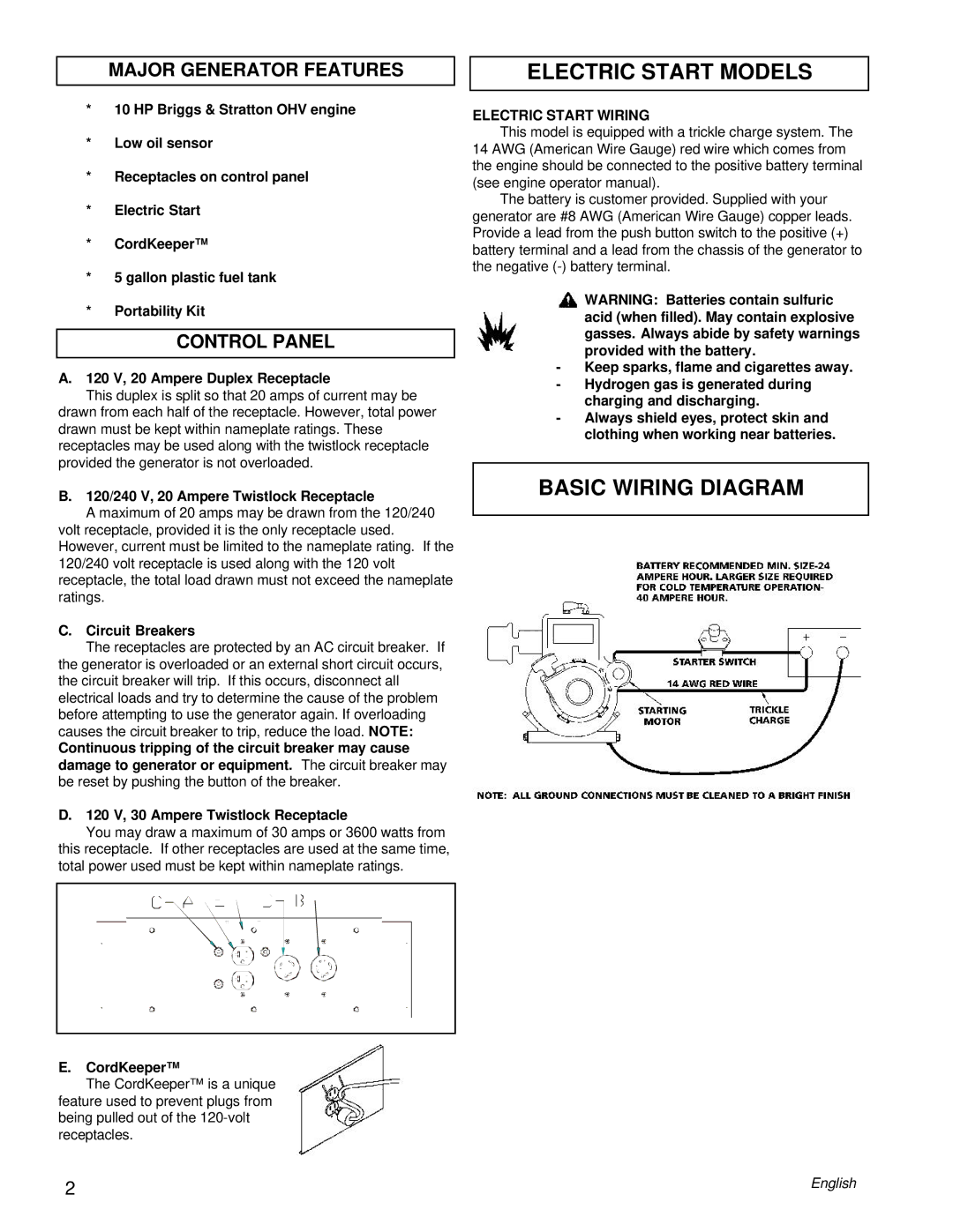 Powermate PM0505622.18 manual Electric Start Models, Basic Wiring Diagram, Major Generator Features, Control Panel 