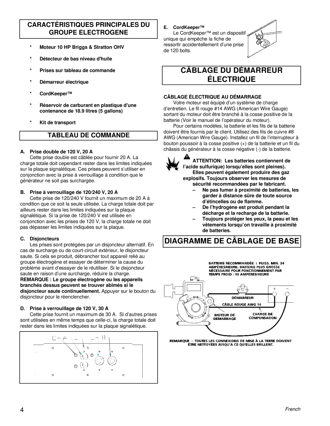 Powermate PM0505622.18 manual Câblage DU Démarreur Électrique, Diagramme DE Câblage DE Base, Tableau DE Commande 