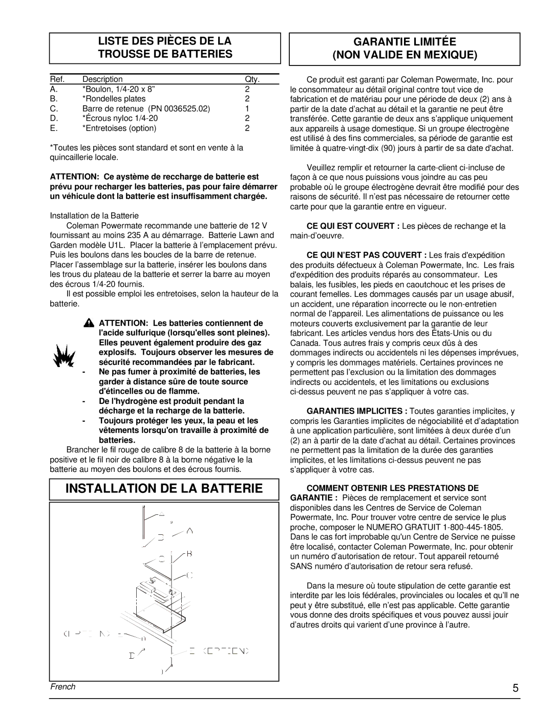 Powermate PM0505622.18 manual Installation DE LA Batterie, Liste DES Pièces DE LA Trousse DE Batteries 