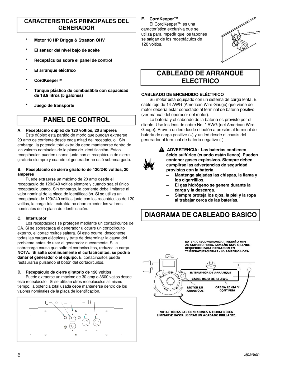 Powermate PM0505622.18 manual Panel DE Control, Cableado DE Arranque Electrico, Diagrama DE Cableado Basico 