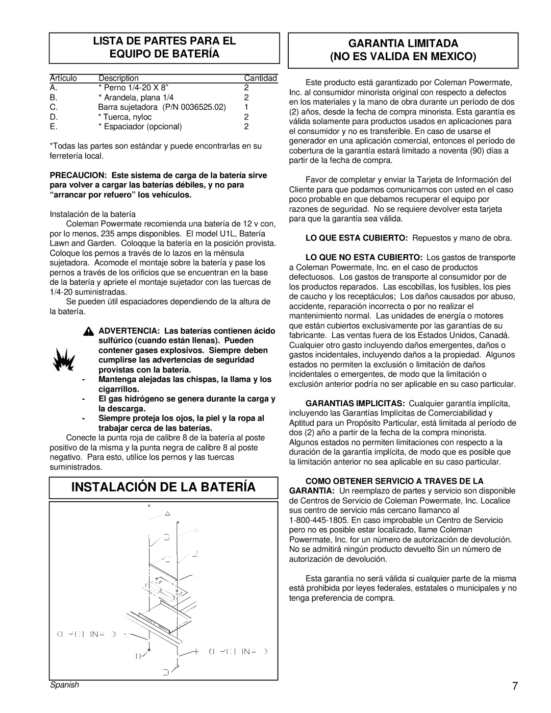 Powermate PM0505622.18 manual Instalación DE LA Batería, Lista DE Partes Para EL Equipo DE Batería 