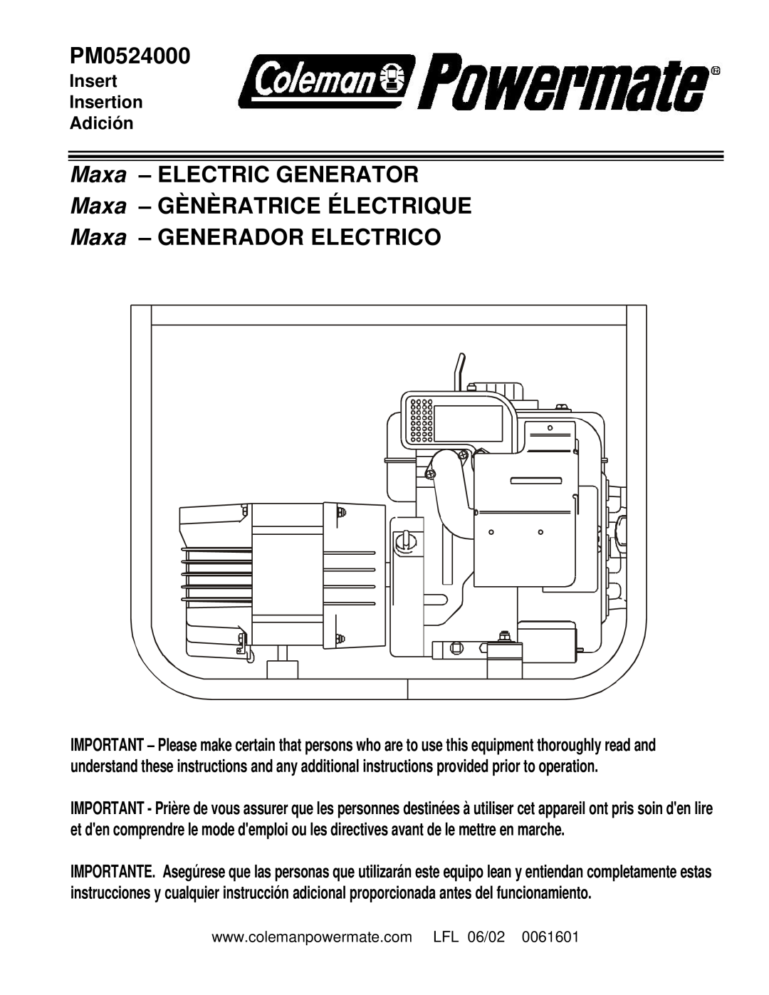 Powermate PM0524000 manual Maxa – ELECTRIC GENERATOR, Maxa – GÈNÈRATRICE ÉLECTRIQUE, Maxa – GENERADOR ELECTRICO 