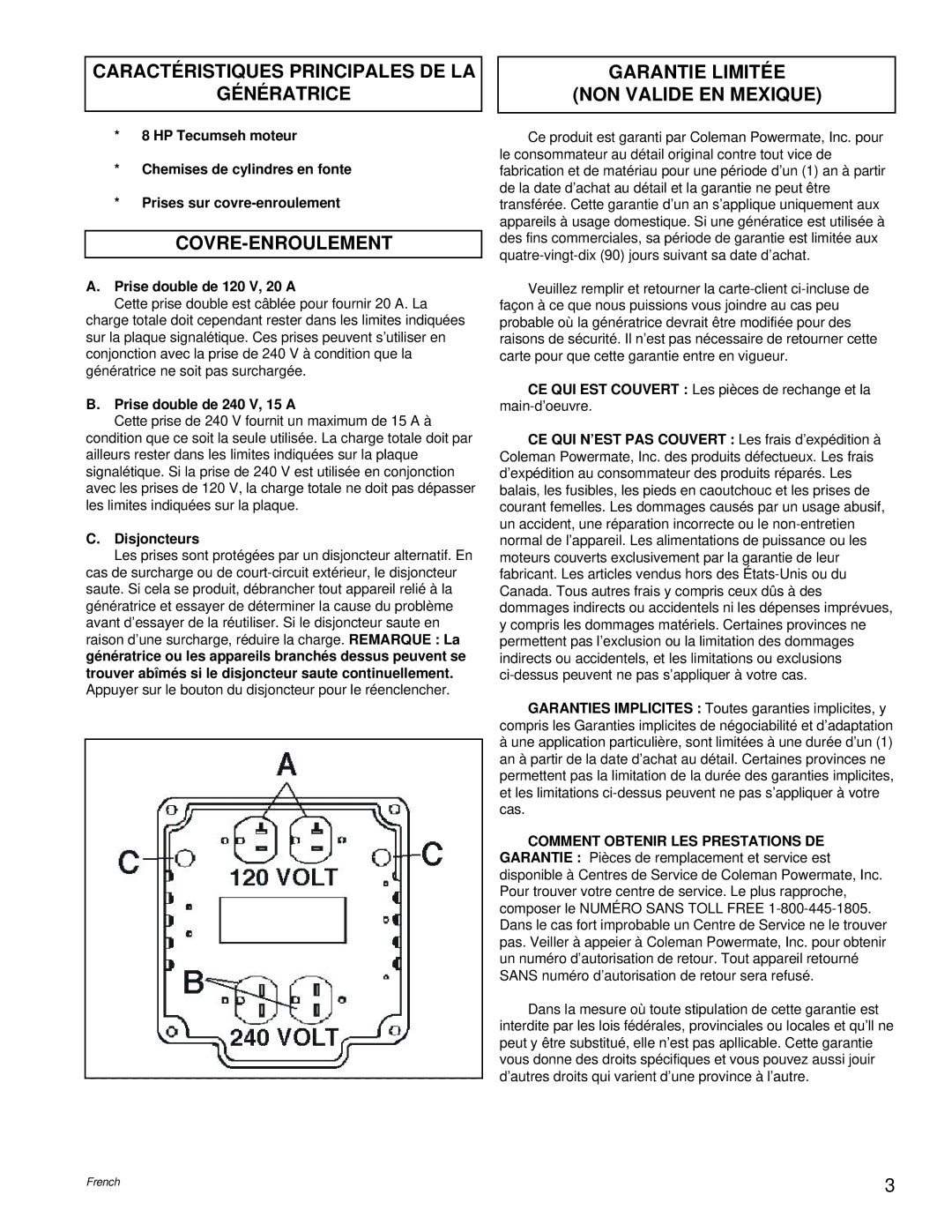 Powermate PM0524000 manual Caractéristiques Principales DE LA Génératrice, Covre-Enroulement 