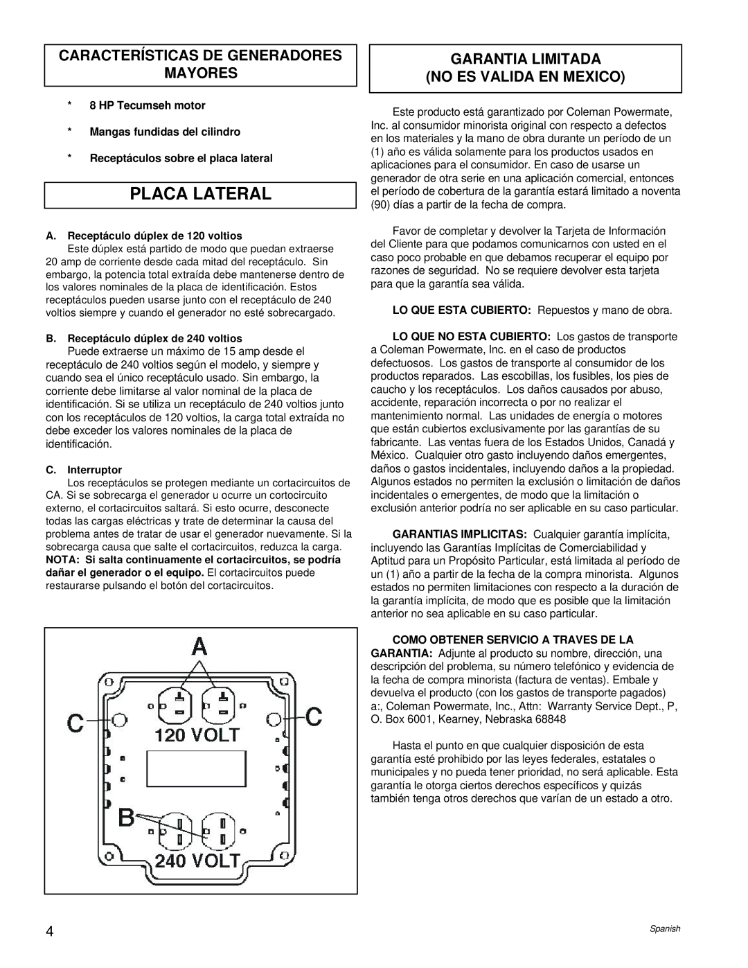 Powermate PM0524000 manual Placa Lateral, Características DE Generadores Mayores, Garantia Limitada No ES Valida EN Mexico 