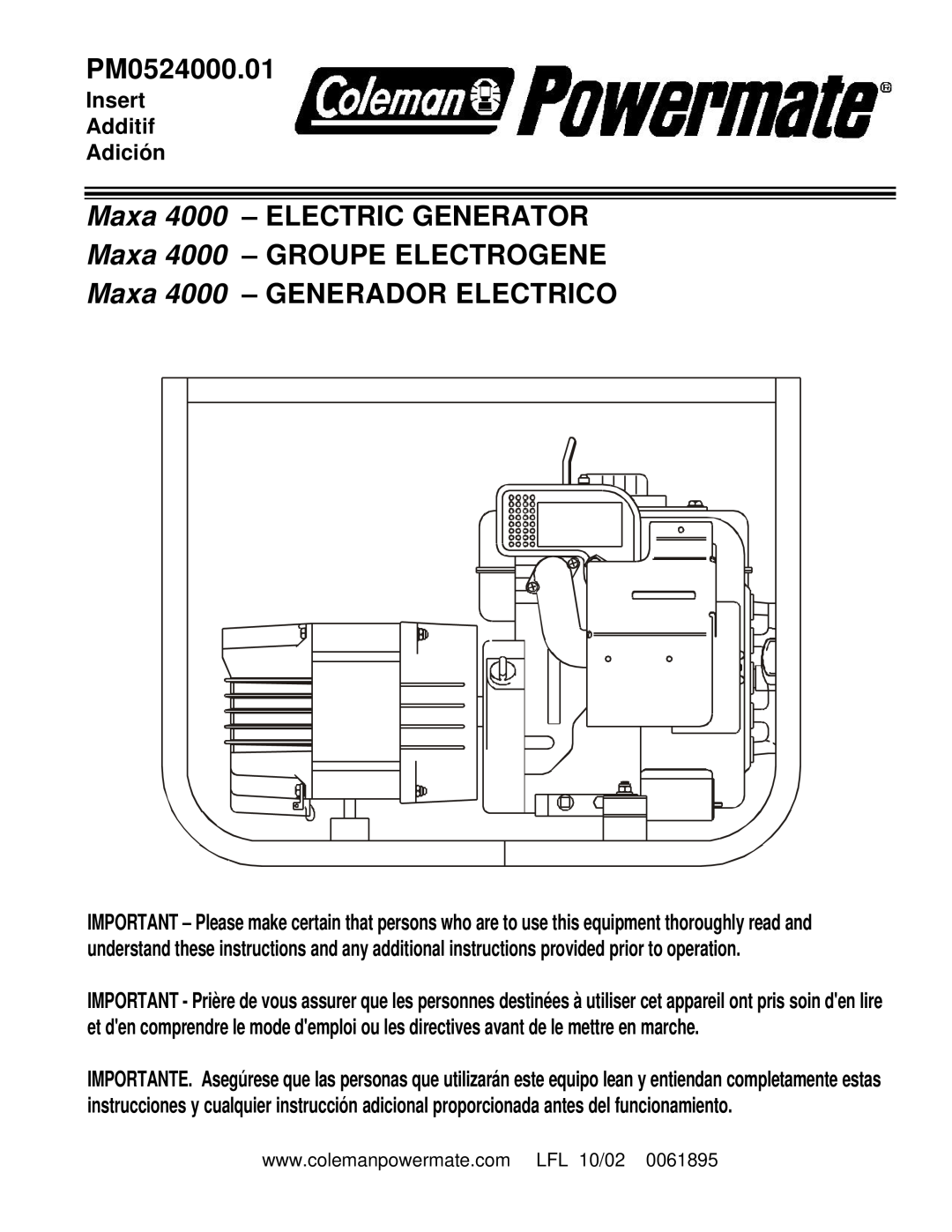 Powermate PM0524000.01 manual Maxa 4000 - ELECTRIC GENERATOR, Maxa 4000 - GROUPE ELECTROGENE, Insert Additif Adición 