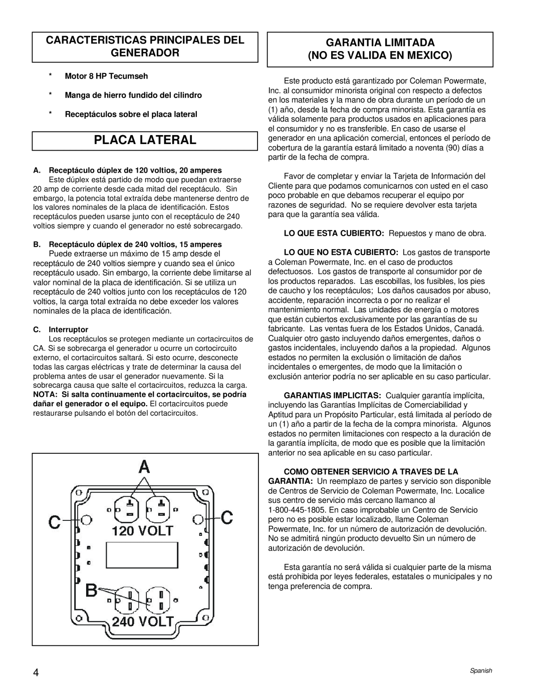 Powermate PM0524000.01 Placa Lateral, Caracteristicas Principales Del Generador, Garantia Limitada No Es Valida En Mexico 